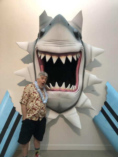 chris palm with giant shark at oddball art labs totally tiki 2022
